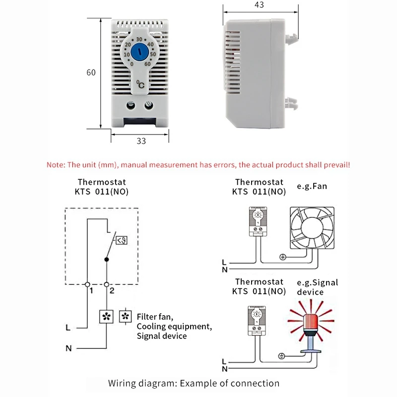 2X KTS011 nie ma normalnie otwartej regulowanej mechanicznej szafy regulatora temperatury termostat Din Rail, używany do chłodzenia