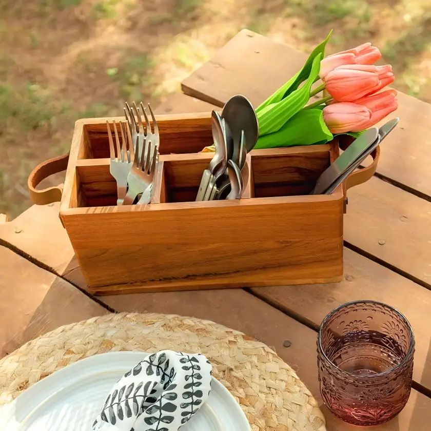 Multi-compartment Rectangle Acacia Wood Flatware Caddy Leather Handles Eco-Friendly Large Capacity Portable Utensil Holder for