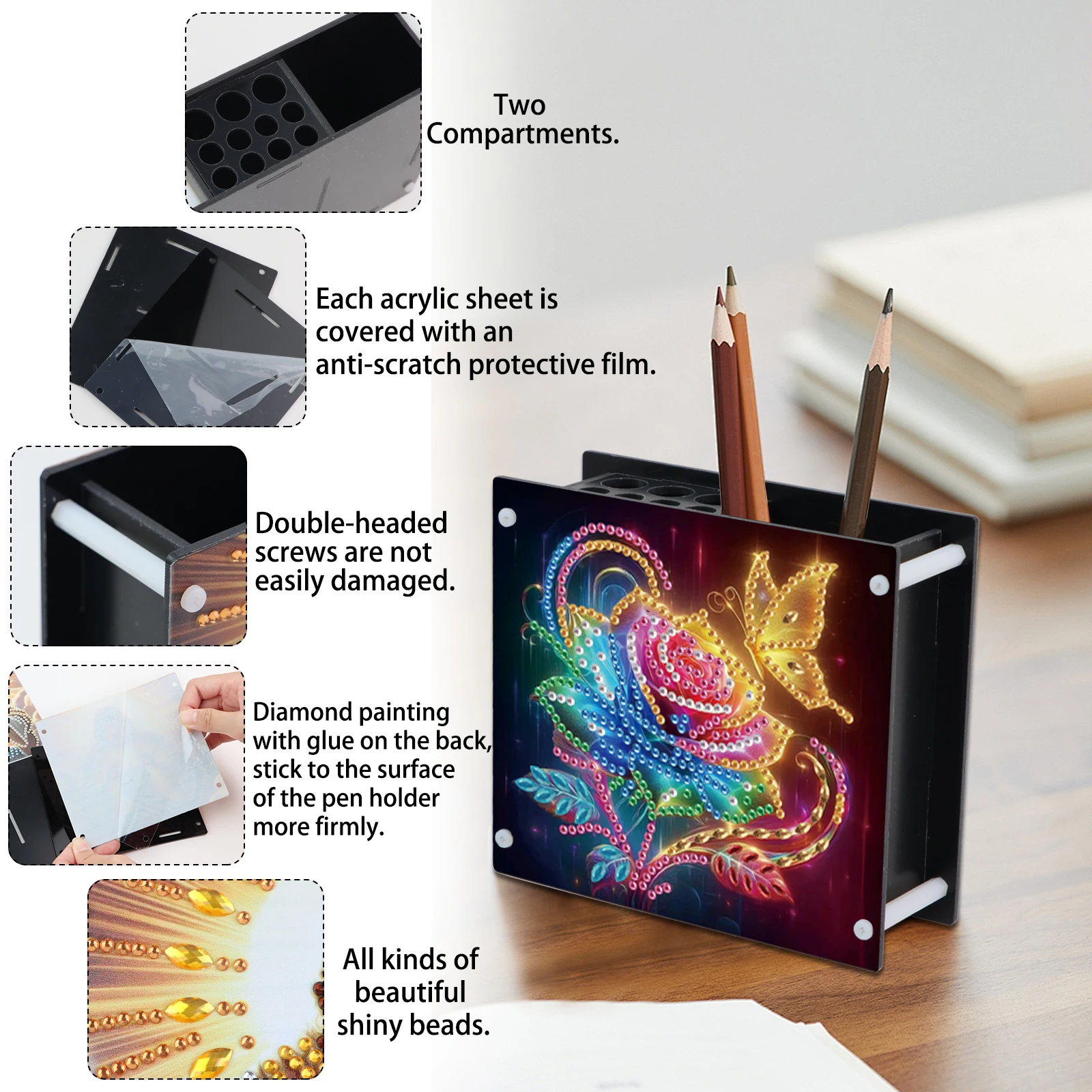 2Pcs Pen Holder Diamond Painting Kits,Butterfly and Rose Special Shape Diamond Painting Handmade,Desktop Decoration Storage Gift - view 5