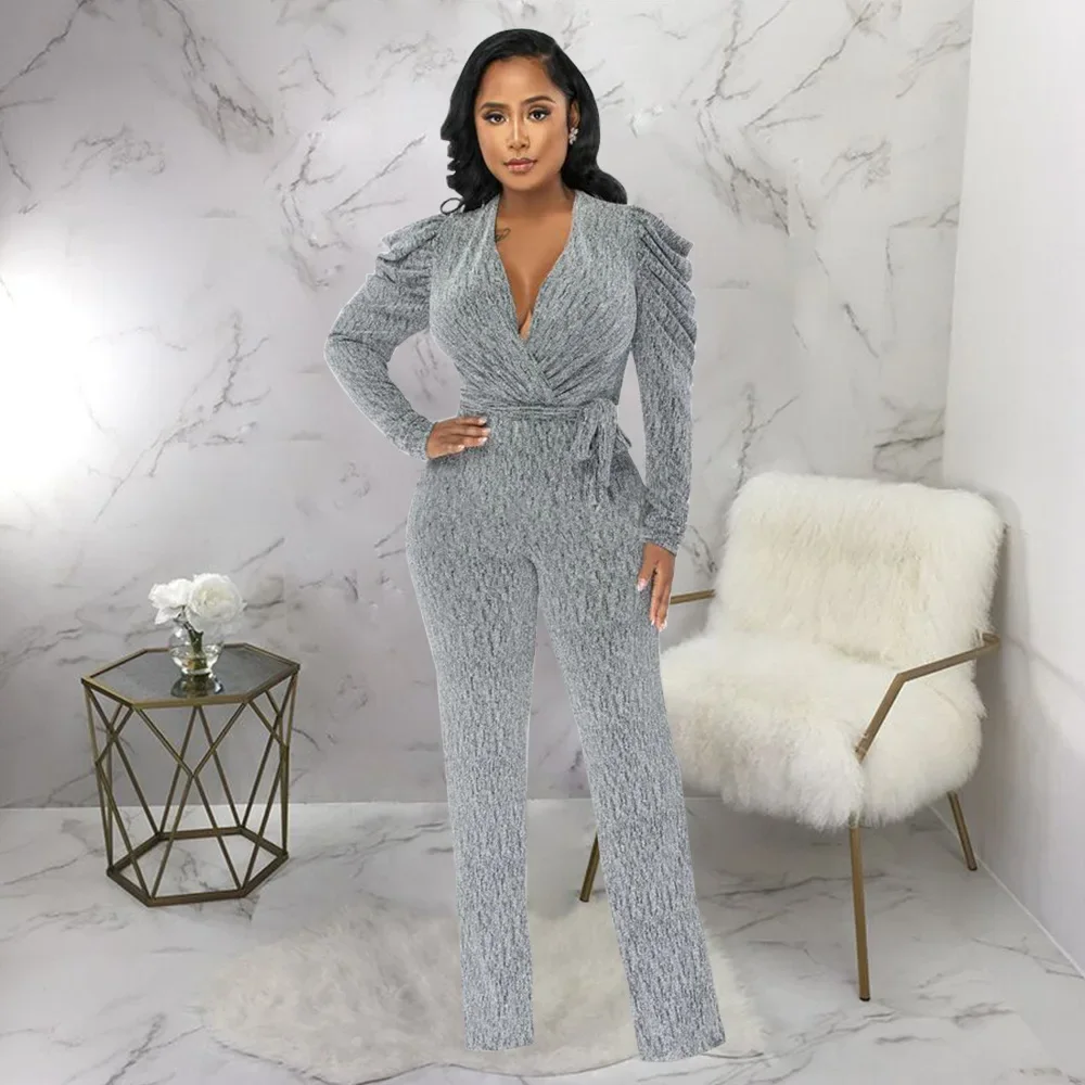 Vintage Women Puff Long Sleeve Sashes High Waist Wrap V-neck Straight Jumpsuit OL Fashion Street One Piece Suit Playsuit