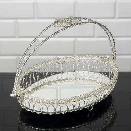 Strawberry Home Big Silver Oval Filigree Mirrored Basket Ductile 25 X25X36 cm