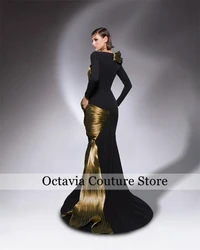 Black And Gold Evening Dresses Ruched Birthday Dress Luxury 2024 O Neck Full Sleeve Mermaid Formal Gown Customized