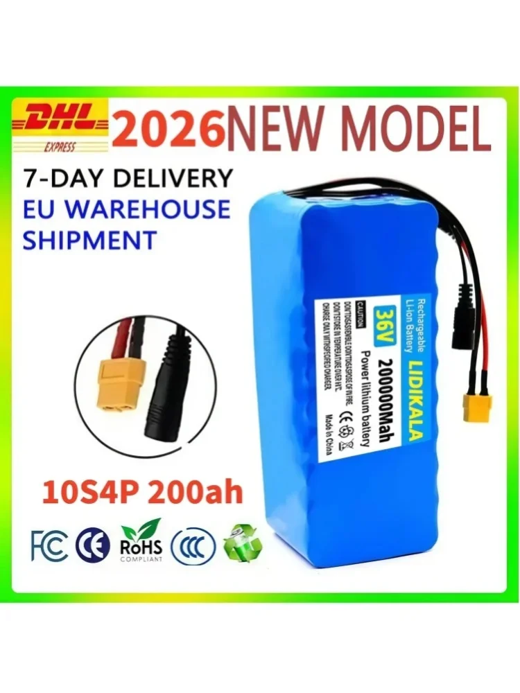 Neuer 36V 200Ah 1000W 10S4P wiederaufladbarer Lithium-Ionen-Akku, 1000W Leistung mit intelligentem BMS, geeignet für Elektrofahrräder und Elektroroller, Akku + 42V2A Ladegerät
