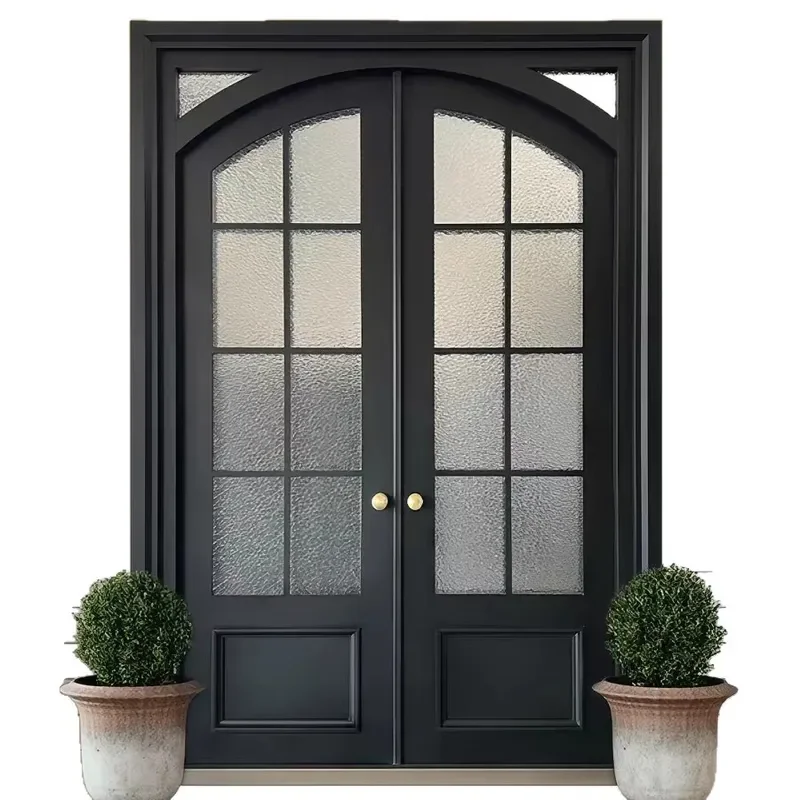 Custom French Double Entry Door Cast Aluminum Frame Glass Panels Secure Exterior Home Entrance Anti Theft Export Quality