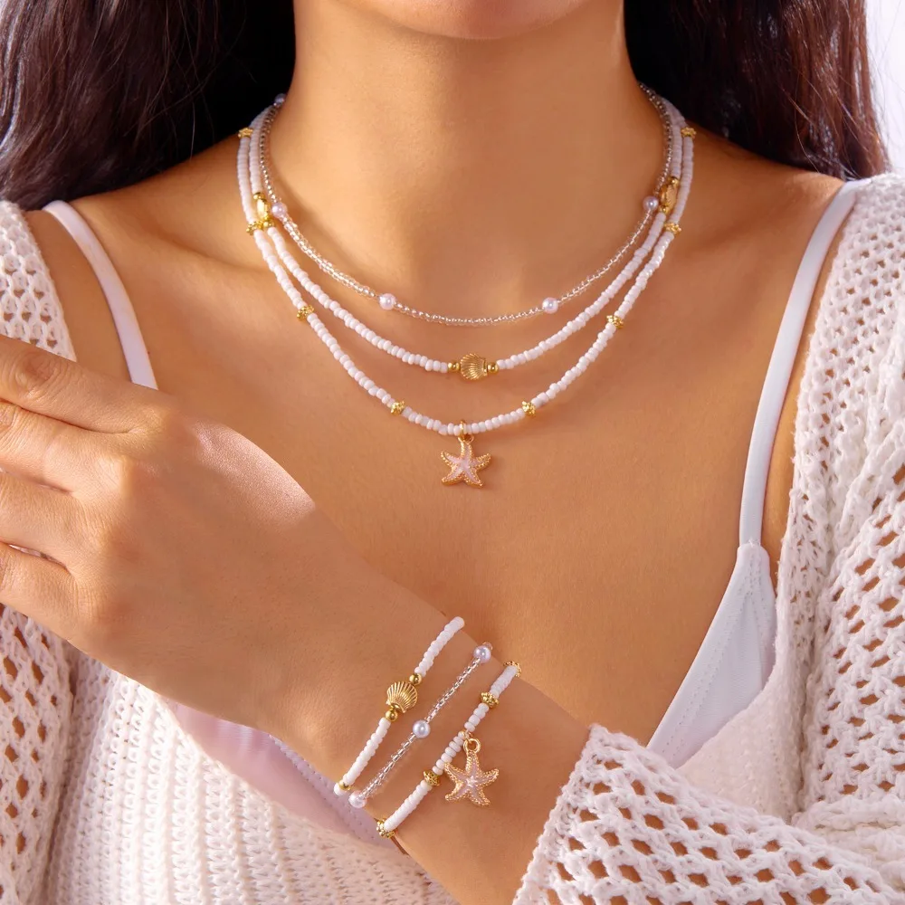 

Ocean Starfish Shell Beaded Jewelry Set, 3 Layer White Seed Bead Stack Necklace & Bracelet Boho Beach Daily Jewelry