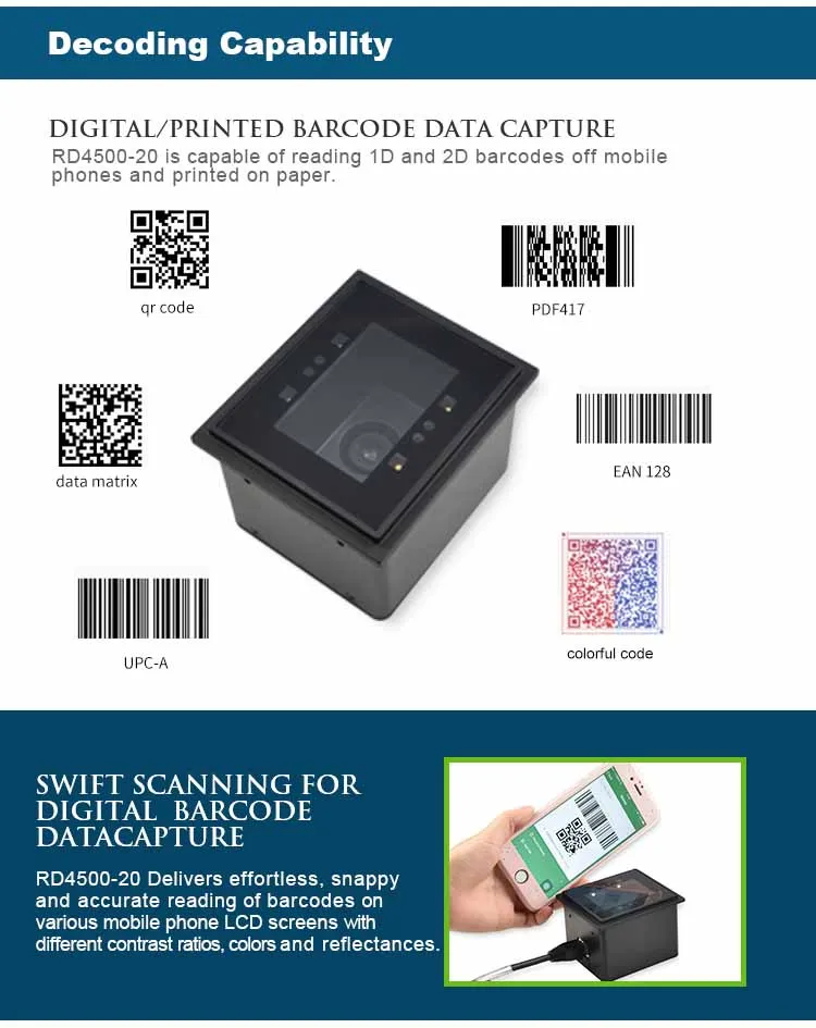 Rakinda RD4500 Fixed Mount CMOS Mobile Screen Barcode Reader Stationary Barcode Scanner Kiosk Self Service QR Code Reader