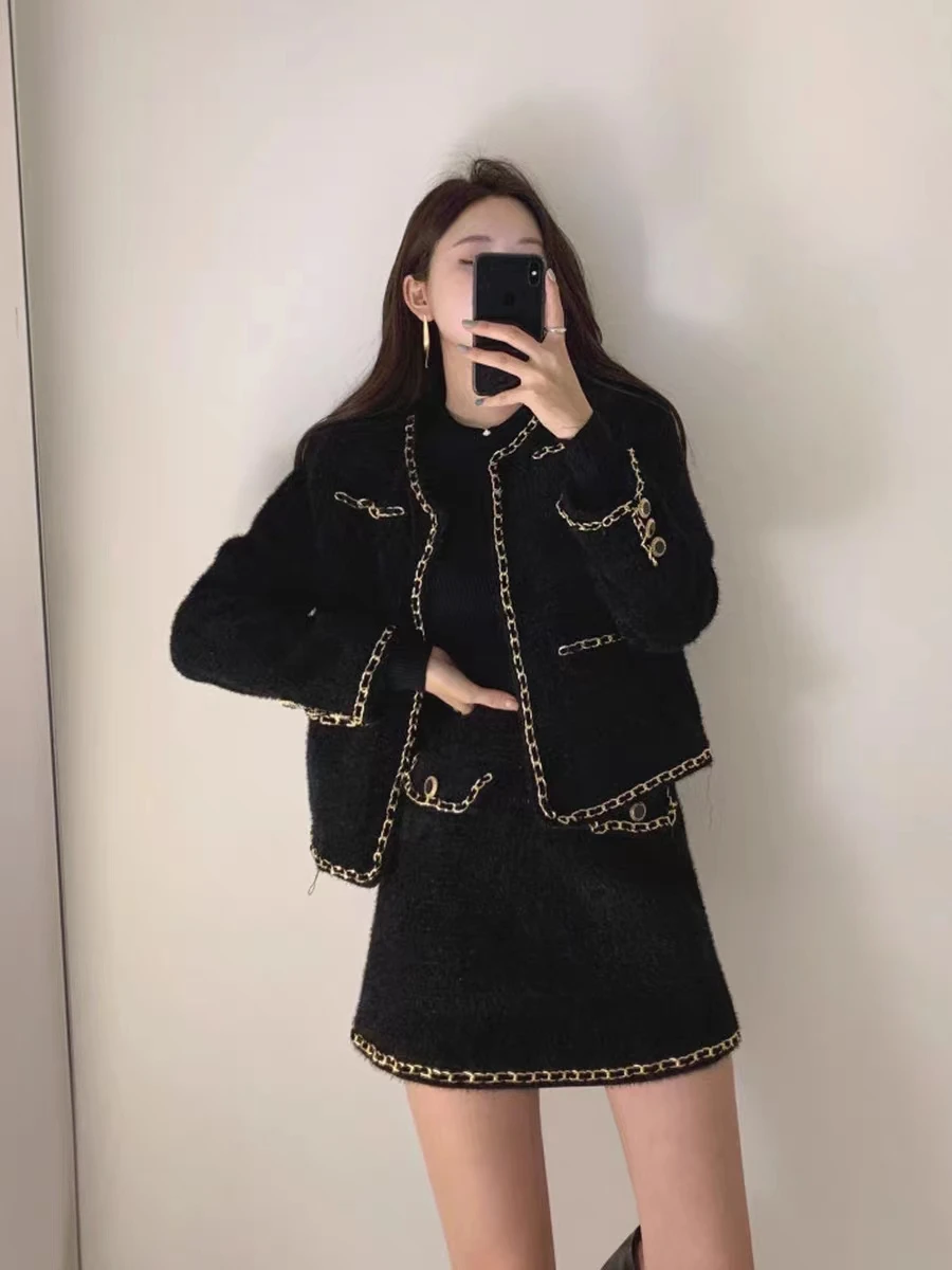 

Autumn and Winter Socialite Cashmere Woolen Suit Jacket Elegant Thickened Quilted Coat Top Short Skirt Slimming Two-piece Set