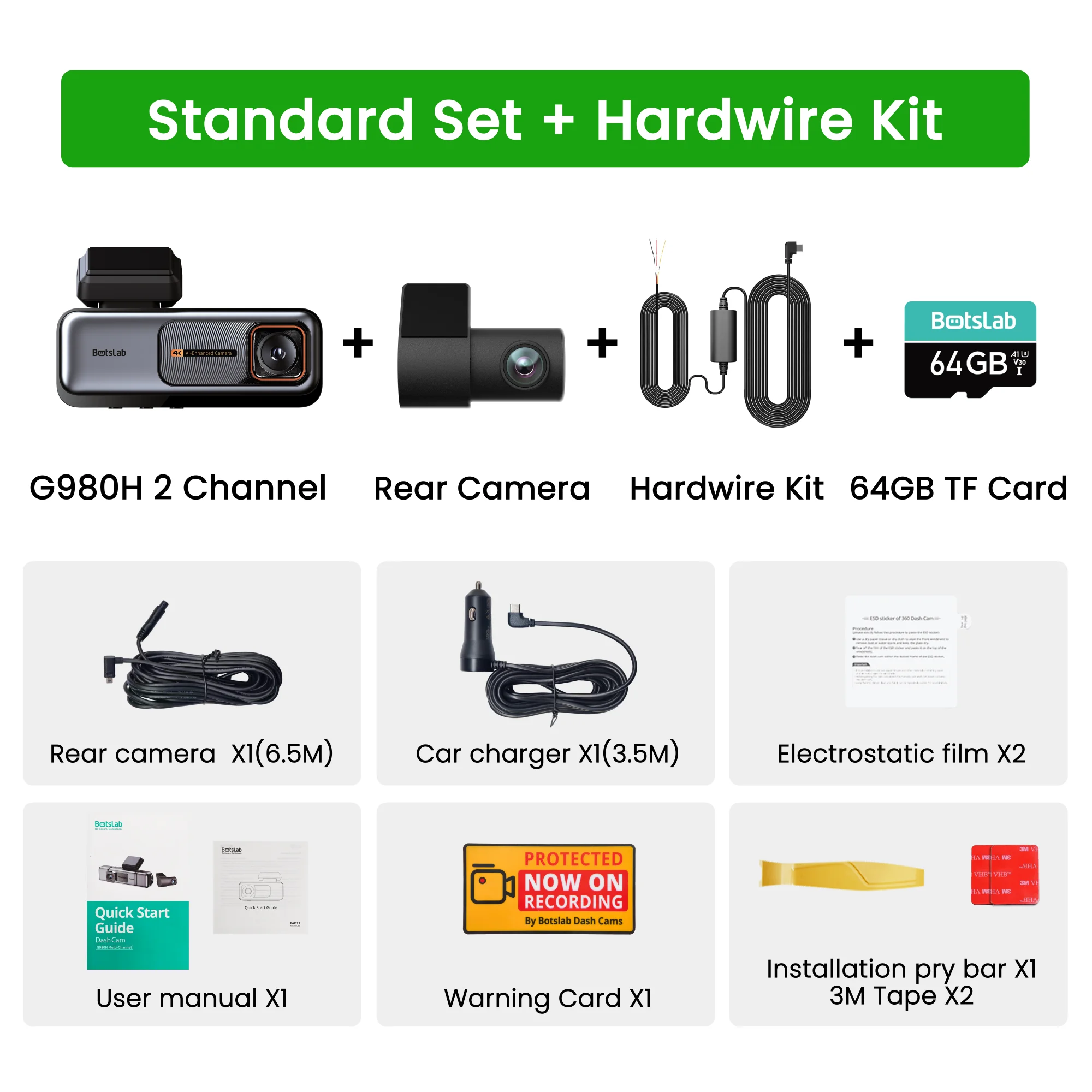 Botslab G980H 4K Dashcam voor en achter, 170° °   Ultrabrede 4K Dashcam met ADAS, Sony STARVIS sensor nachtzicht, parkeermodus, GPS