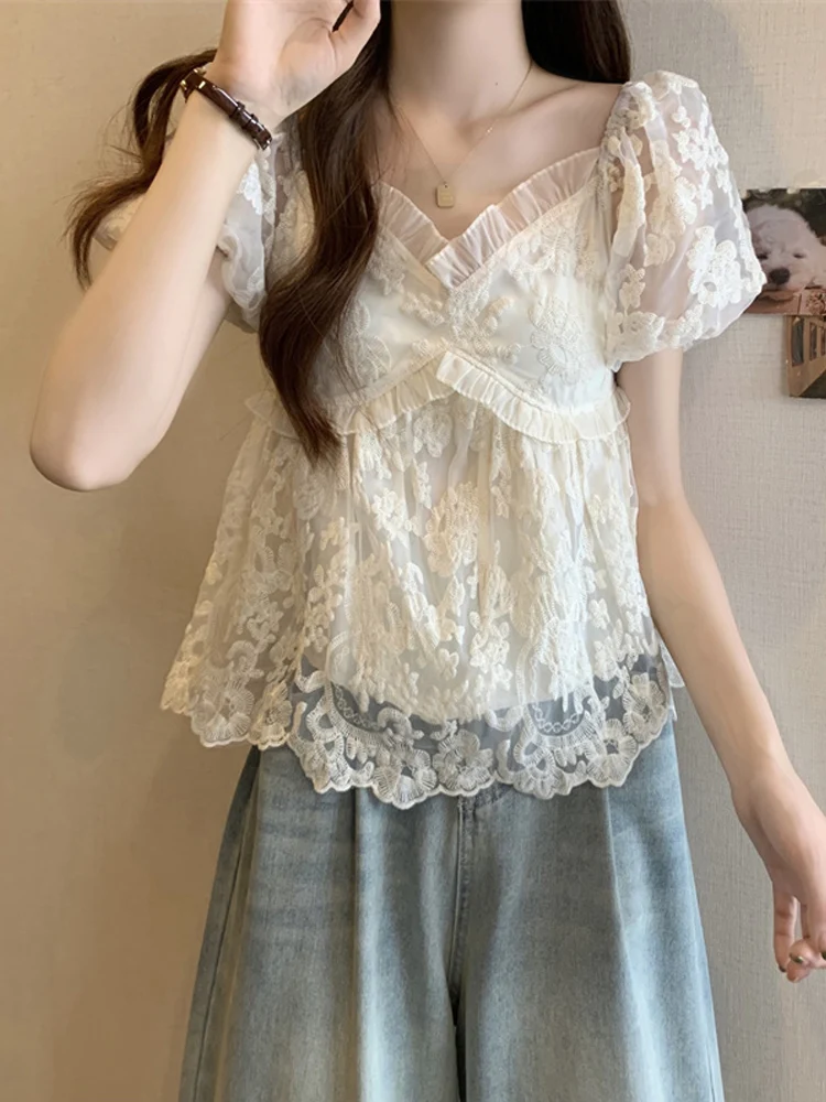 Fashion Elegant Blouses V Neck Puff Sleeve Solid Color Ruffles Plus Size Crop Tops All Match Summer Casual Loose Women Clothing