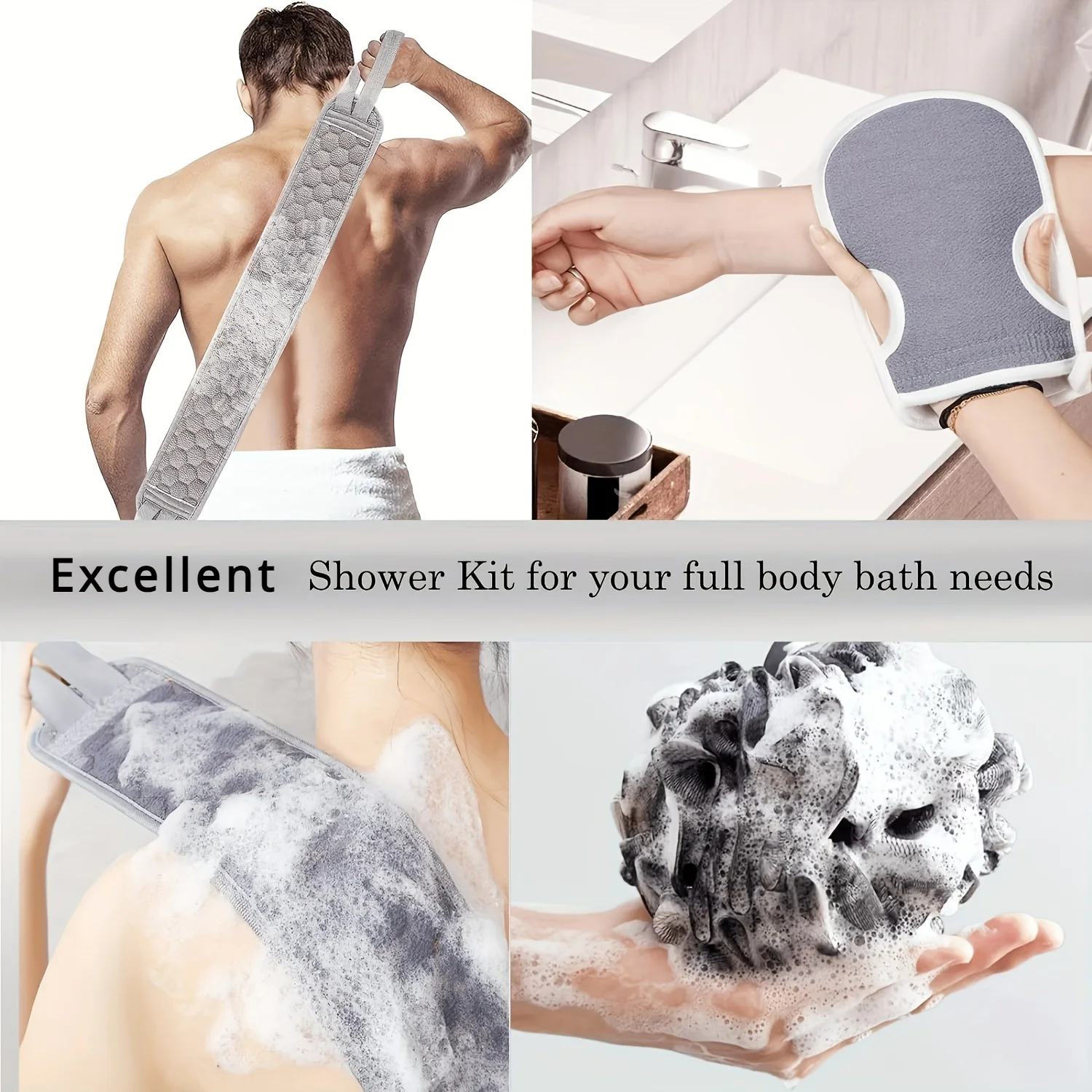 Hot Sale 3-in-1 Bath Scrubber Set Exfoliating Shower Back Strap Towel Thickened Body Wash Mitt and Sponge Combo Deep Cleansing
