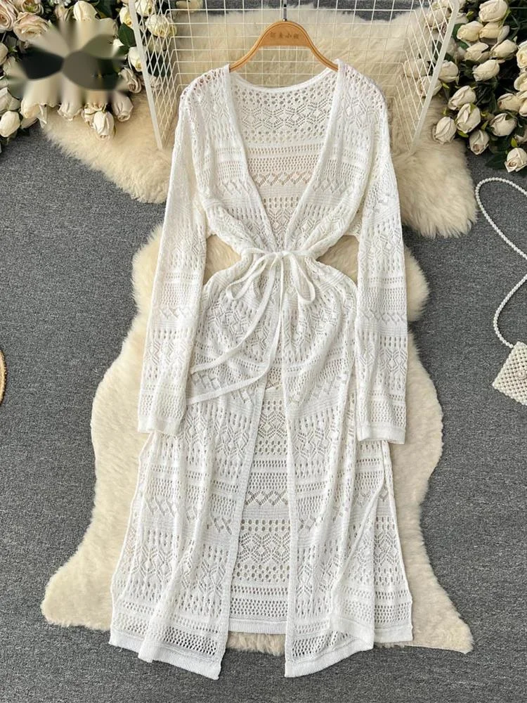 

Bohemian Casual Summer Cardigan Dress Women Long Sleeve Hollow Out Thin Fashion Vacation Midi Long Knitted Dresses