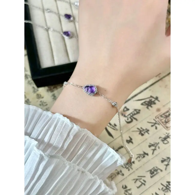 Fashionable Elegant Shiny Gourd-Shaped Natural Amethyst And Jade Inlaid Bracelet Women 4