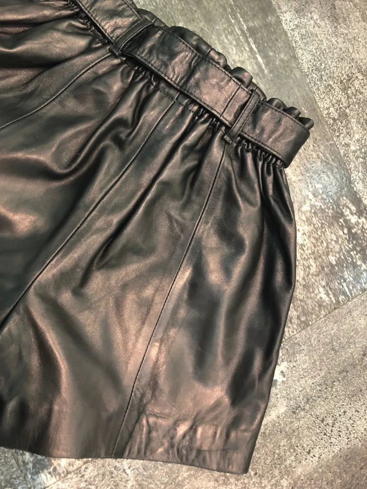 New Real Sheepskin Fashion Sashes Elastic High Waist Wide Legged Shorts Women Summer A-Line Loose Fit Genuine Leather Hotpants