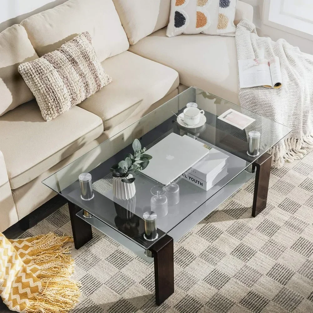 Rectangular Glass Coffee Table, Modern Side Coffee Table w/Lower Shelf, Tempered Glass Tabletop & Metal Legs