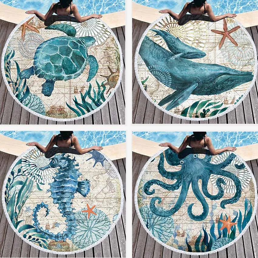 Sea Turtle Round Beach Towel Undersea World Thick Shower Bath Towels Microfiber Summer Swim Circle Yoga Mat With Tassels