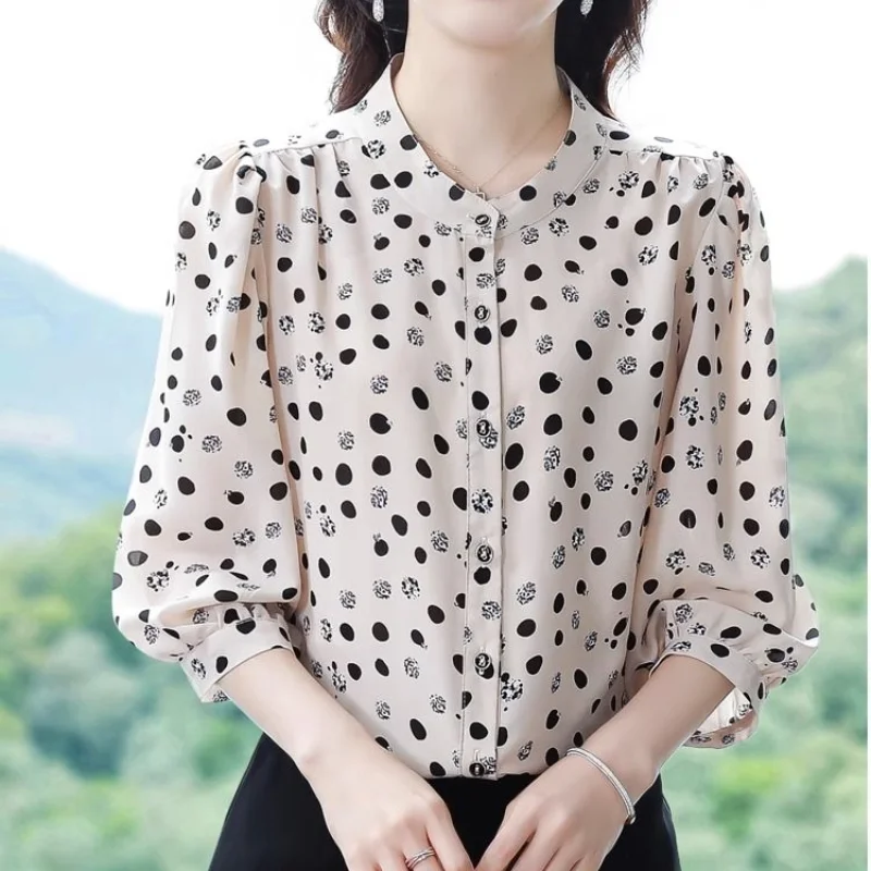 Fashion Floral Chiffon Shirt Women's New Summer 3/4 Sleeve Top Mom's Round Collar Print Bottoming Blouse M-5XL