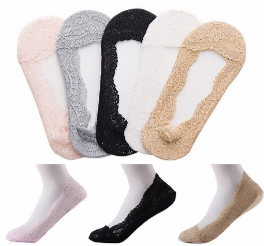 

5 Pairs Summer women girl Silica Gel Lace Boat Socks Invisible Cotton Sole Non-slip Antiskid Slippers Anti-Slip Short Sock