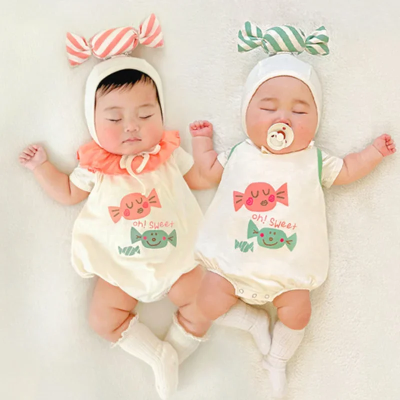 2pcs Funny Candy Newborn Baby Girl Clothes Summer Lovely one-Piece Baby Boy Bodysuits Infant Cotton Short Jumpsuit  with Hat