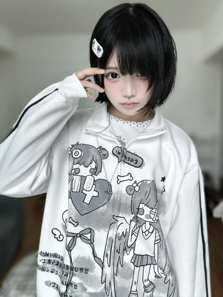 Kawaii أنيمي نمط زمم سترة المرأة الخريف الشتاء الوقوف طوق هوديي مع شريط كم فضفاض صالح الرسم طباعة معطف غير رسمي