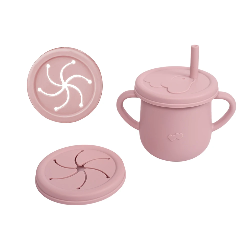 Silicone Baby Straw Cup - Cute Training Sippy Cup with Handles, Straws, Lids - Reusable Snack Cups Feeding Supplies for Toddlers