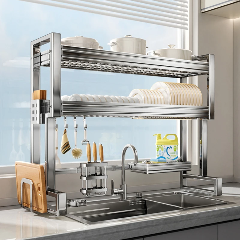 Sink-Mounted Dish Rack Dual-Column Kitchen Stand with Drain Tray Utensil Drying Storage Compact Basin Organizer