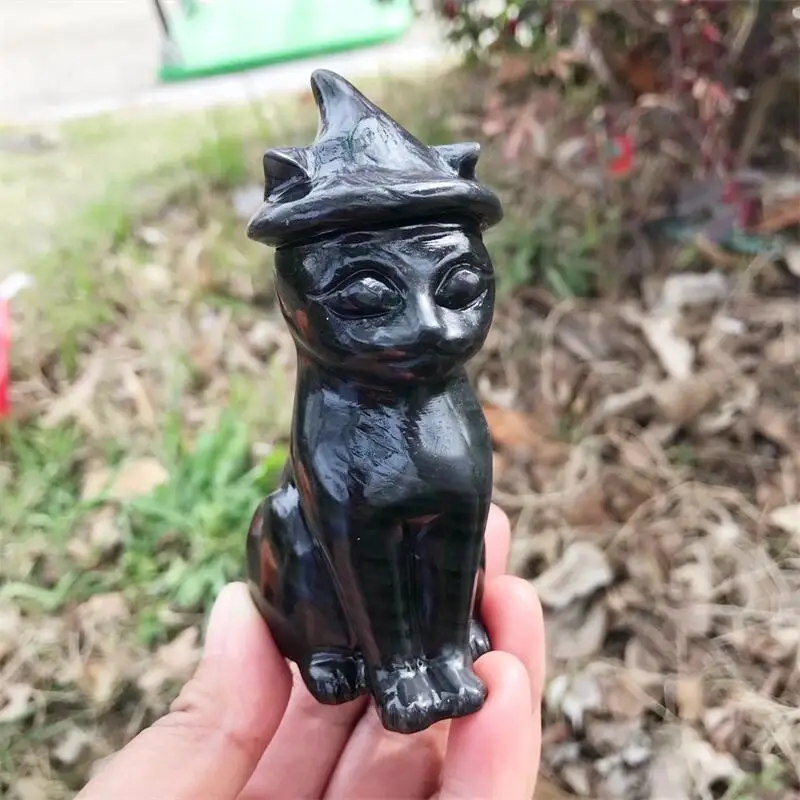 9.8CM Natural Clear Obsidian Witch Cat Carving Healing Energy Stone Lovely Home Decoration Gift For Children 1PCS