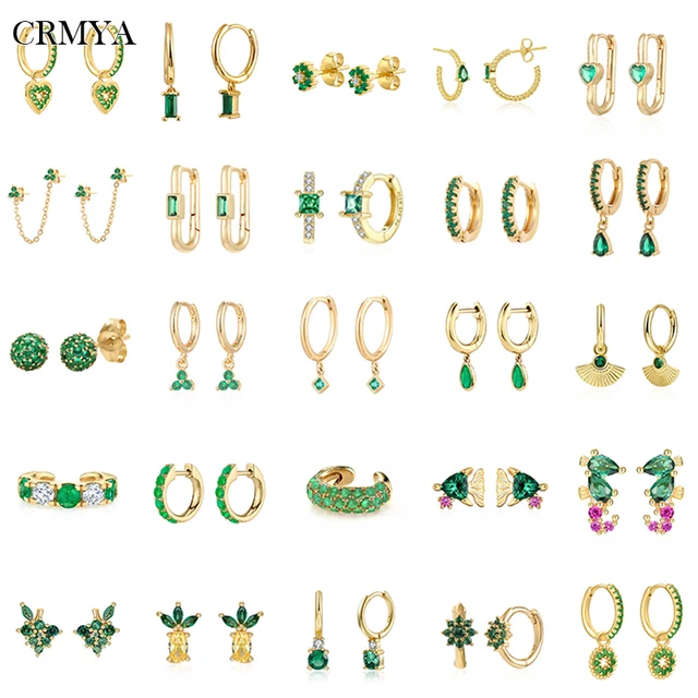 CRMYA-pendientes de aro de color dorado con Clip para mujer, aretes Vintage de circonita verde, joyería al por mayor 2022