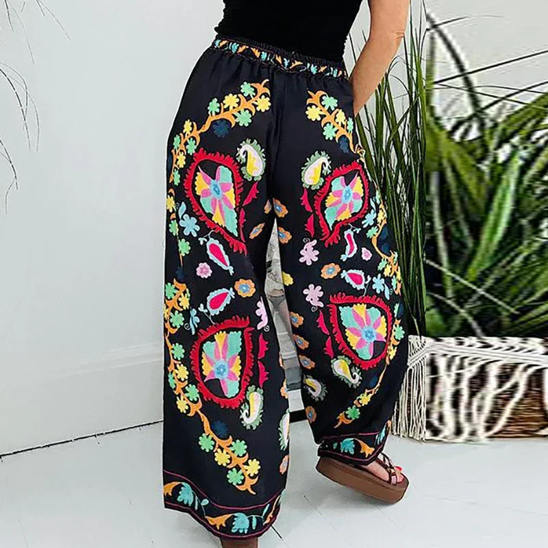 2024 Retro Elegant Women Printed Long Pants Fashion Pockets Temperament Pant All Match Mid Waist Drawstring Wide Leg Trousers