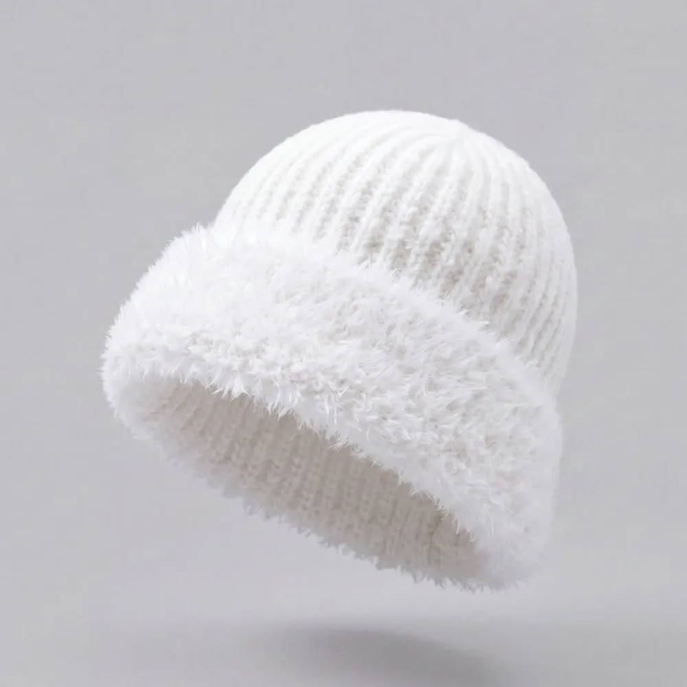 Polyester Knitted Beanie Hat Large Head Circumference Fleece Lined Fuzzy Cuff Beanie Windproof 56cm to 60cm