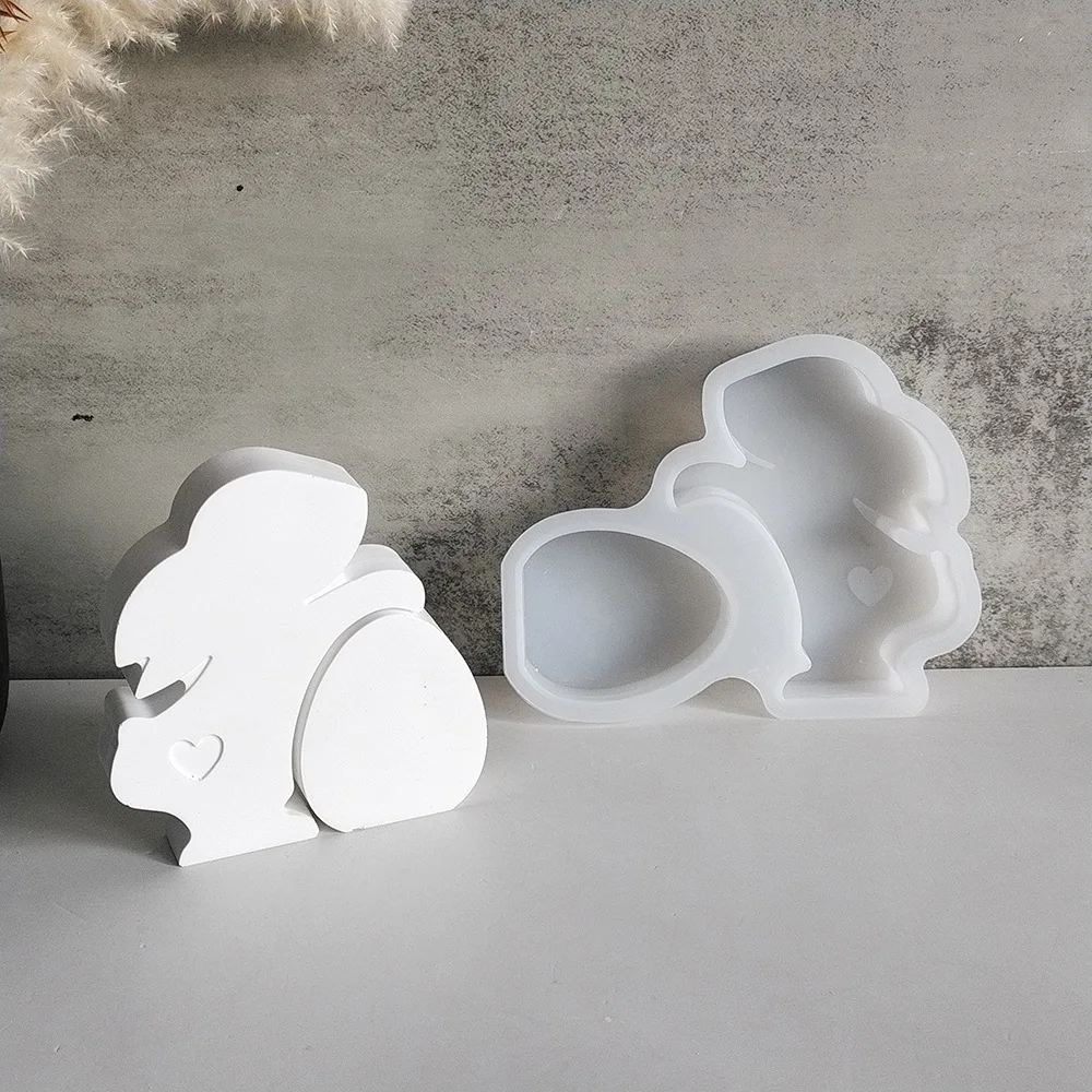 Bunny Holding Egg Silicone Molds Rabbit Concrete Casting Molds Easter Rabbit Holding Egg Tabletop Ornament Plaster Drip Mould