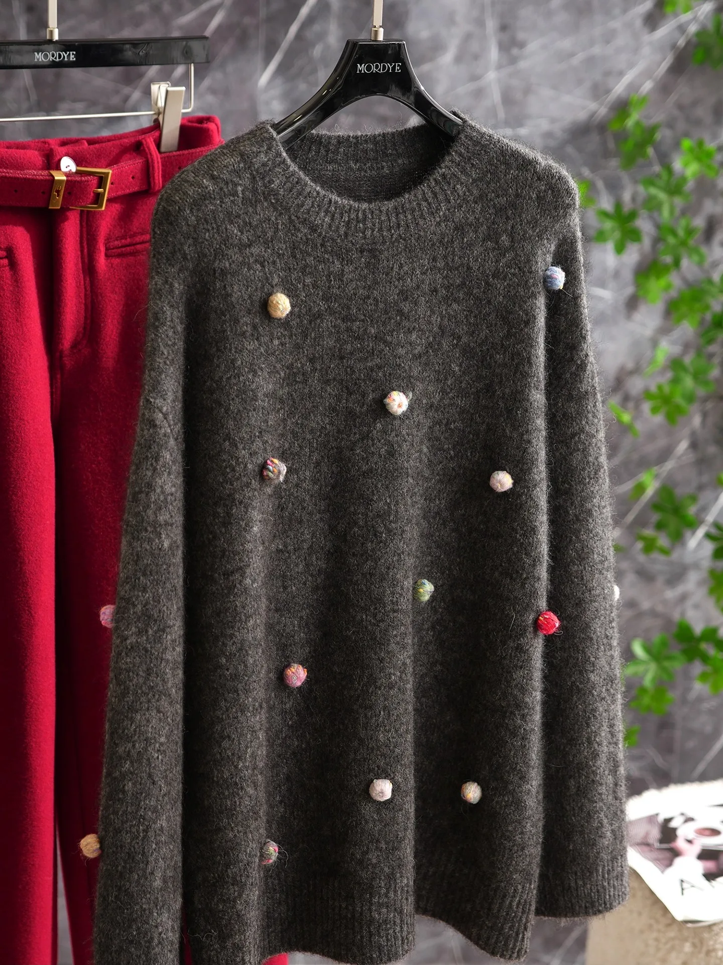 

Handmade Alpaca Wool Sweater Rainbow Color Furry Ball Grey Lazy High-End Knitted Sweater Commute Style Soft Long Sleeve round...