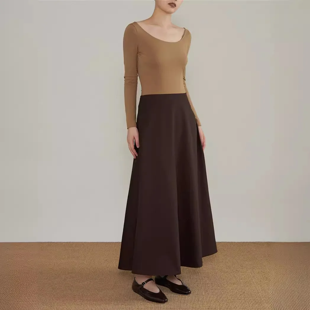 

7143 Autumn Winter New French Style Elegant Elastic Backless Color Block Waist Cinching Flared Inner Long Skirt