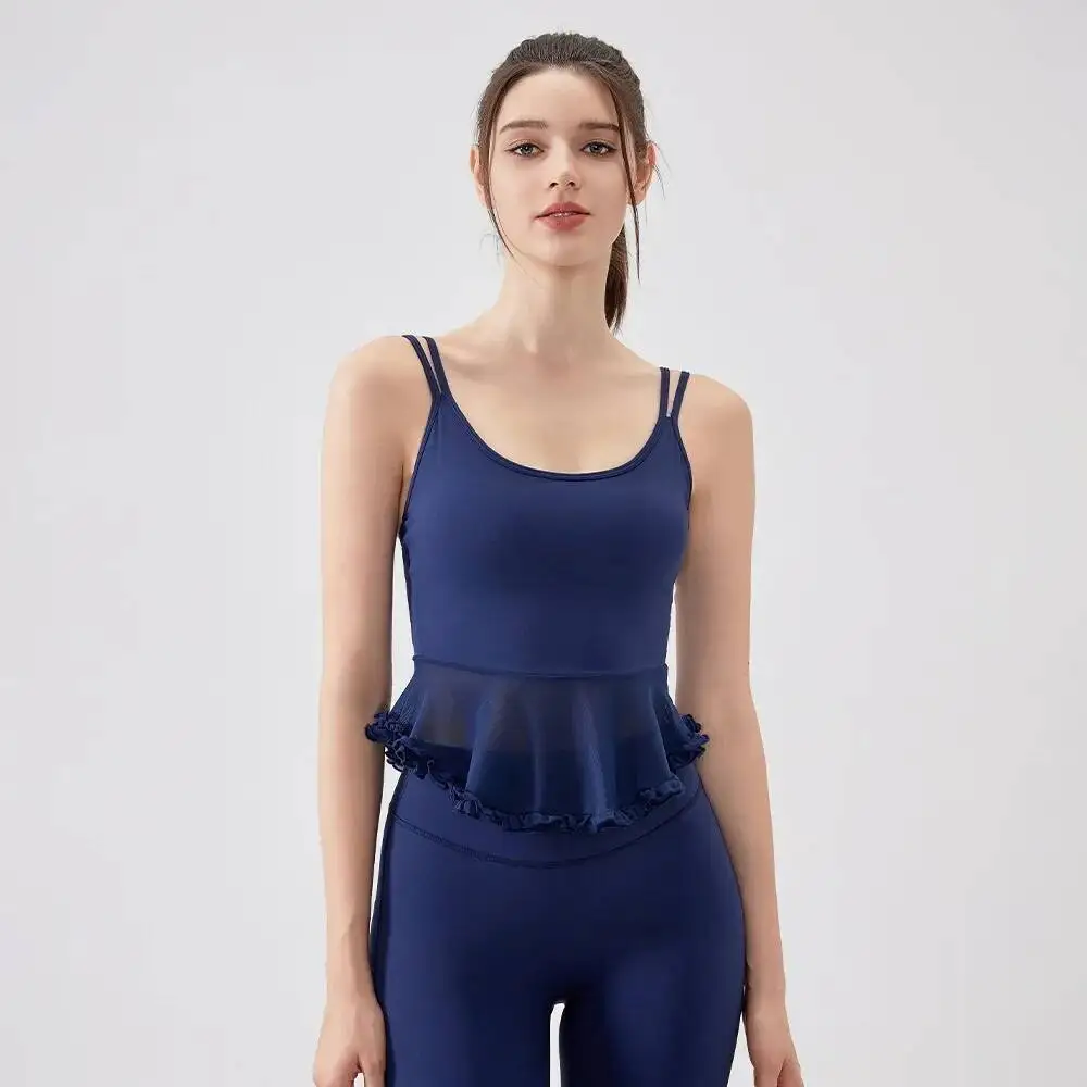 

New Sexy Air Feeling Patchwork Beautiful Back Lace Vest With Chest Cushion Pilates Fiess Sports Bra For Women