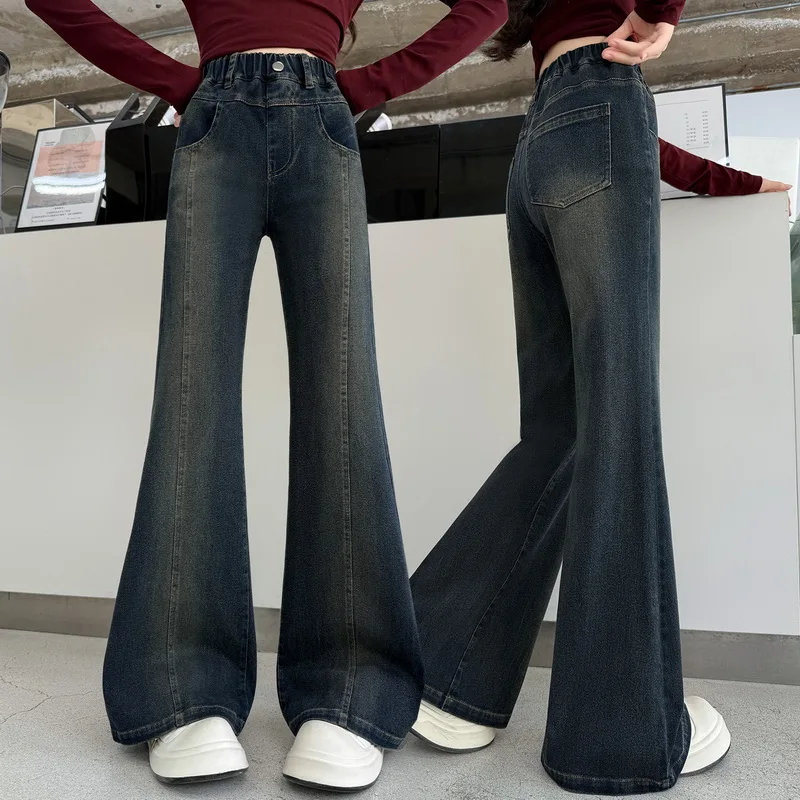 Cool Child Fashion Street Flare Jeans With Patchwork Design Girls Vintage Boot Cut Denim Trousers Teenage Kids Casual Pants