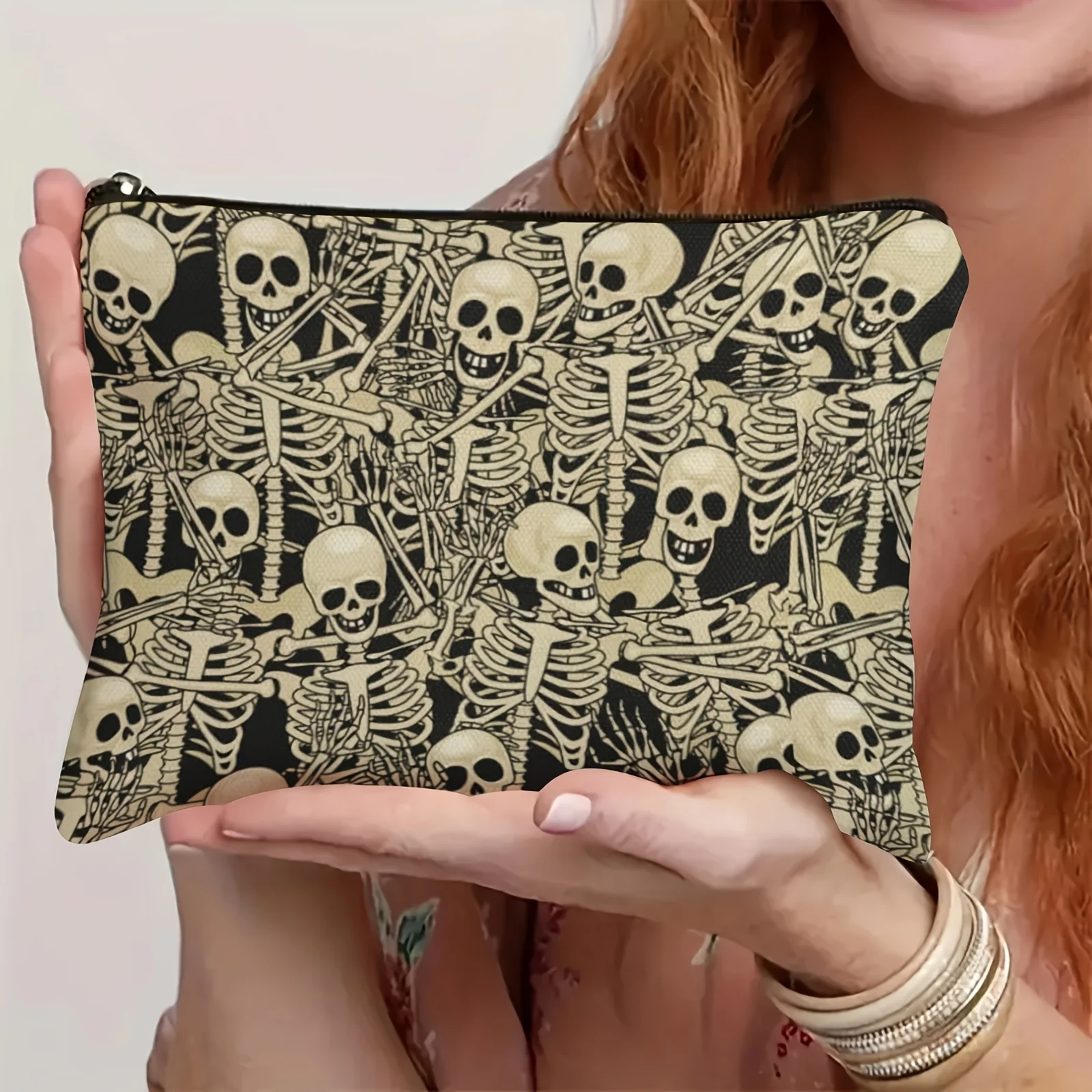 Spooky Skeleton Dance Makeup Bag - Large Coin Purse & Pencil Case, Unisex Halloween Gift with Black & Golden Skeleton Design
