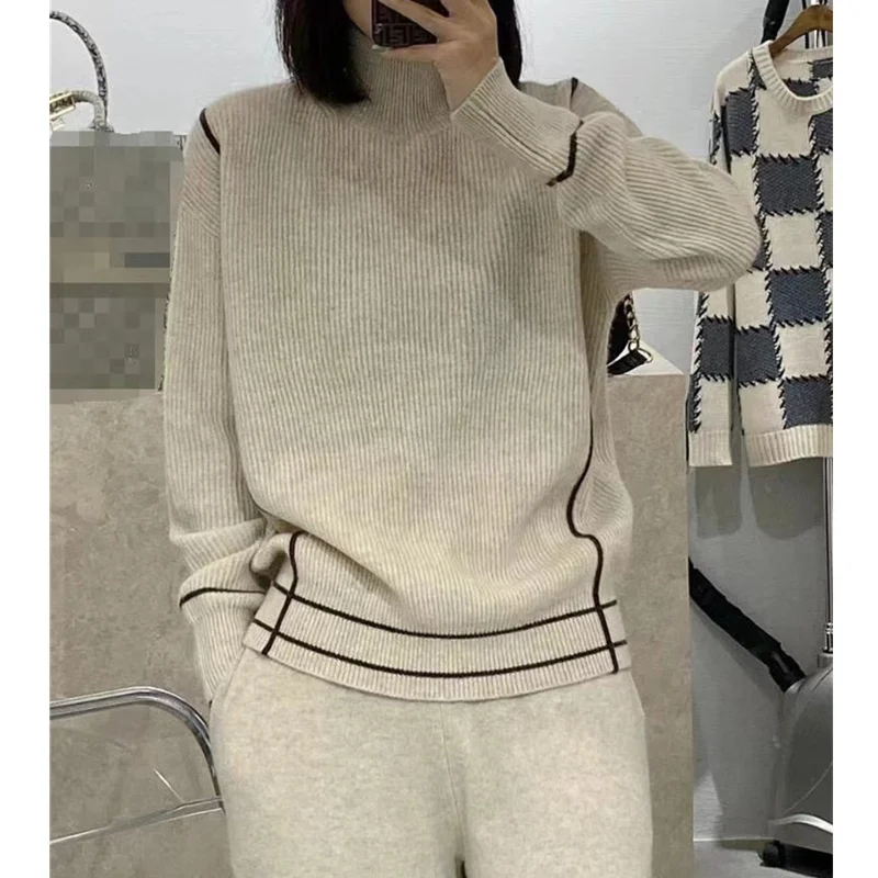 half high collar cashmere sweater women autumn winter 100 match languid lazy loose sweater knitting large-size wool base sweater