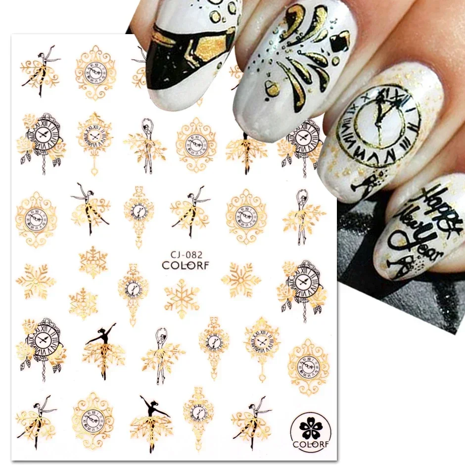 Holographic Christmas Winter 3D Snowflakes Stickers for Nails Art Design 2023 New Year Countdown Clock Gold Black Manicure Decal