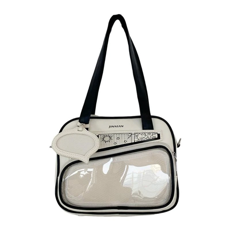 

School Girl Transparent Bag Clear Crossbody Bag PU Leather Itabag Anime Pin Display Colorblock Handbag Book Bag