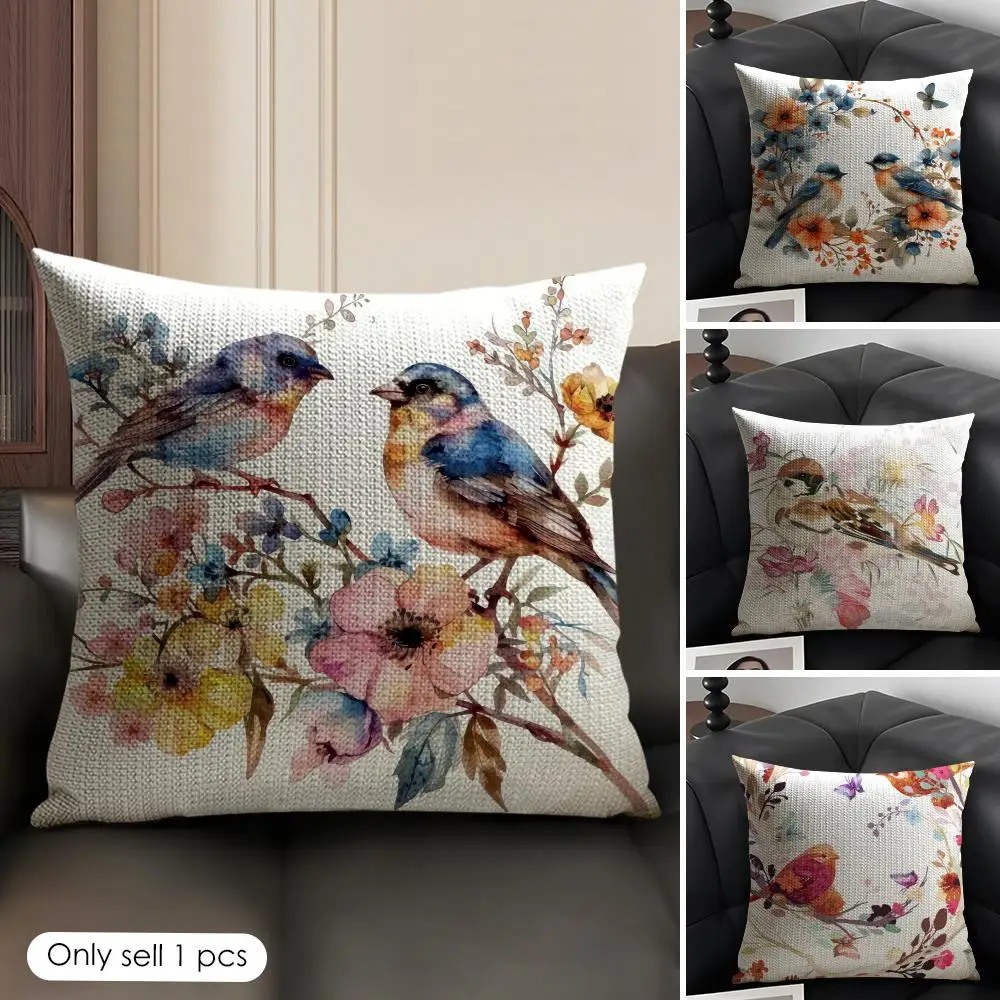 

Яркая наволочка с птицами и цветами, из органического льна, с двусторонней печатью, для дивана, домашнего декора, подарок