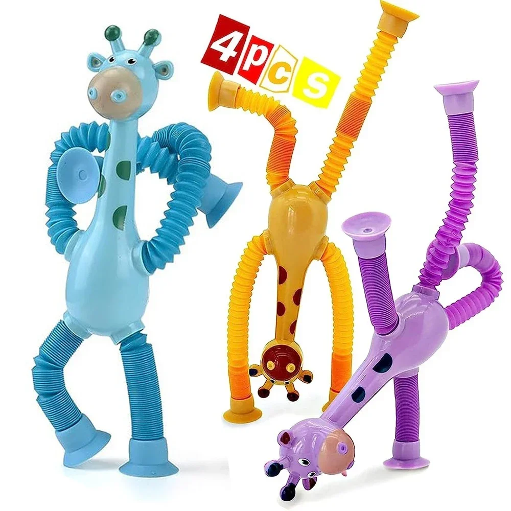 Pop Tubes Giraffe Toys with Suction Cups 4 pcs Shape Changing Sensory Fidget Toys for Kids Hours of Fun Play and Learning