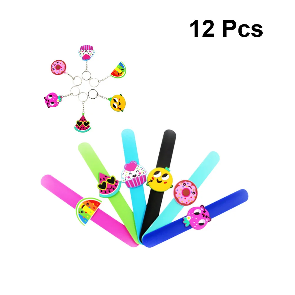 12PCS Children Slap Bracelets Fruit Wristbands Silicone Bracelets Keychains Key Holders Key Rings for Decoration Gift Party Scho