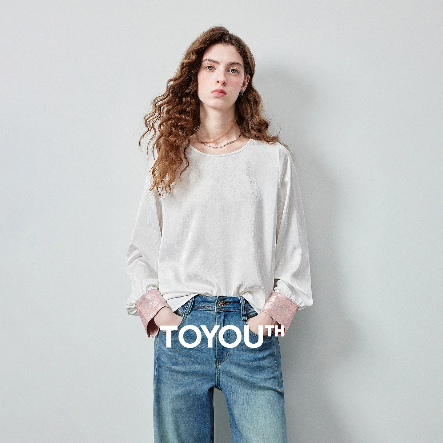 TOYOUTH Women's Jacquard Color Block Sleeves Blouse 2026 Autumn New Chinese Style Round Neck Lightweight Commuter Casual Top