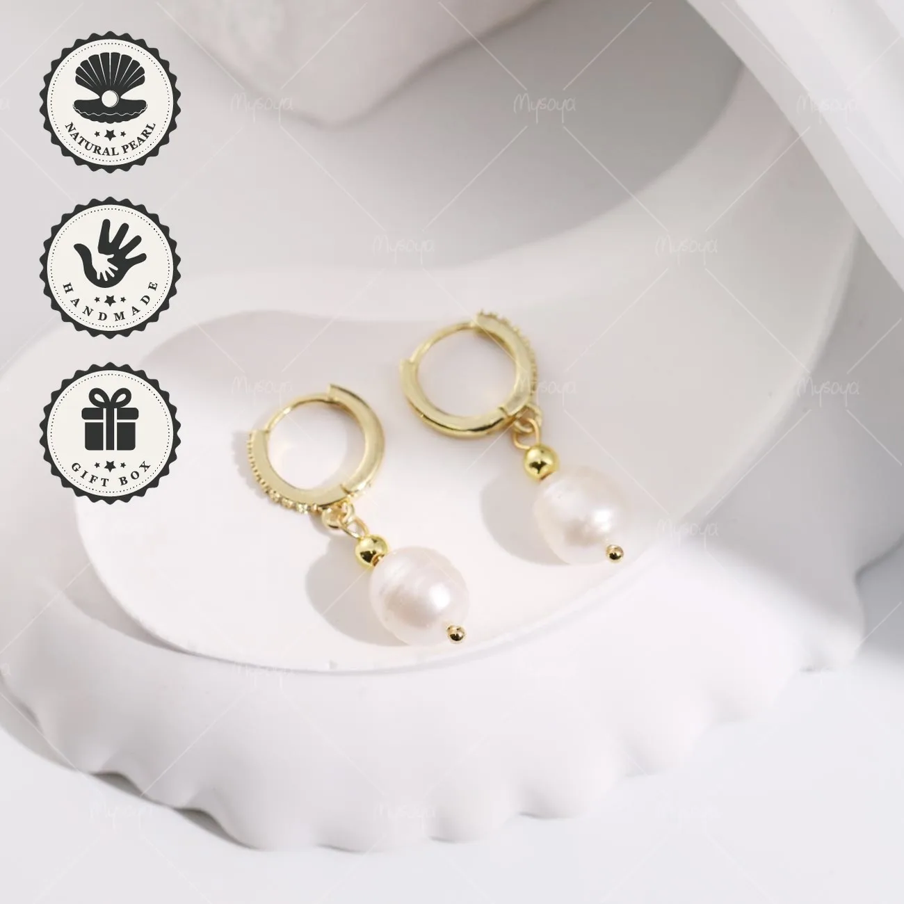 

Mysoya Golden Hoop Earrings White Freshwater Pearl 9–10mm With Gift Box Valentine’s Day Birthday Gift For Her