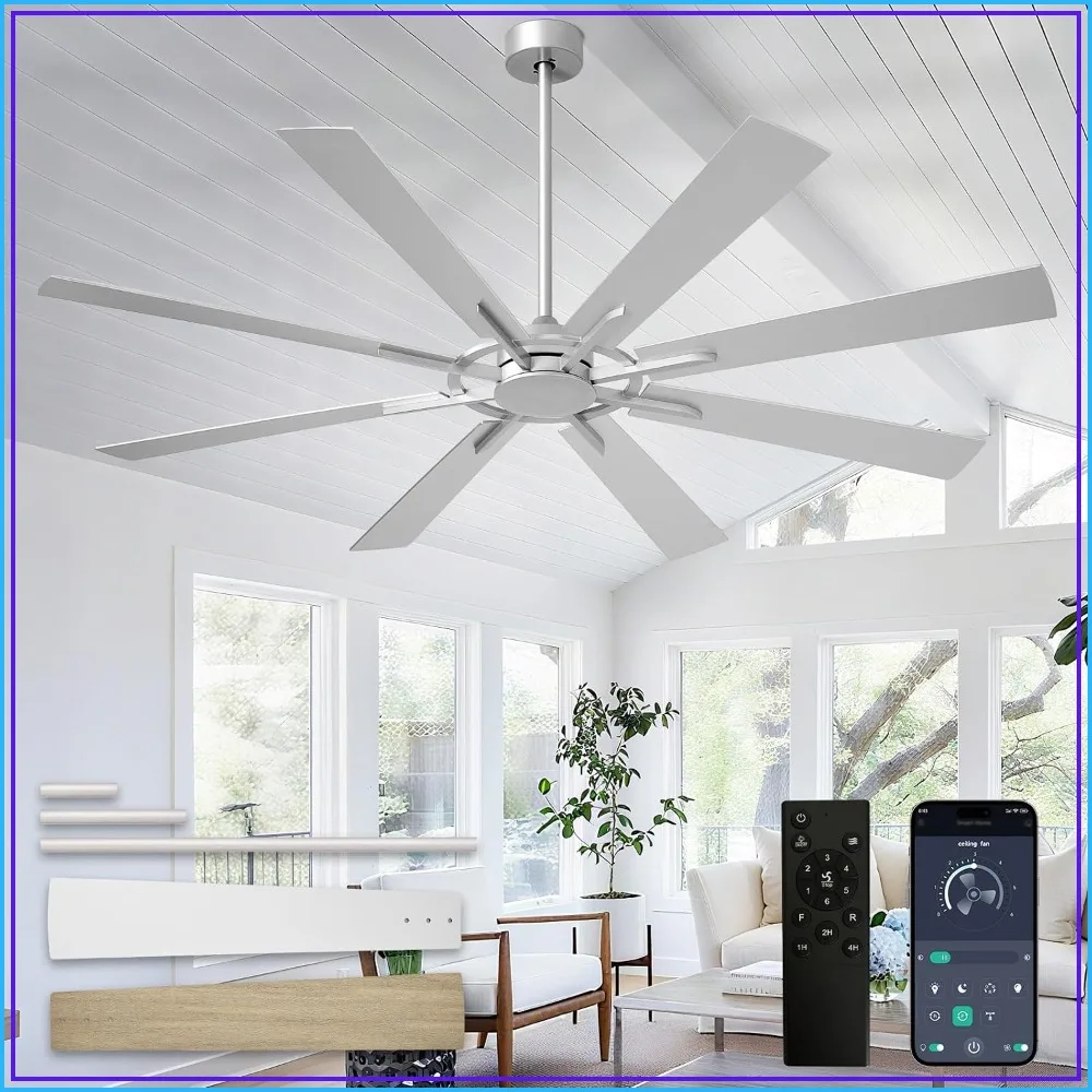 72 Inch ceiling fan No Light, 8 Blade, Reversible DC Motor, Remote APP Control Indoor Outdoor