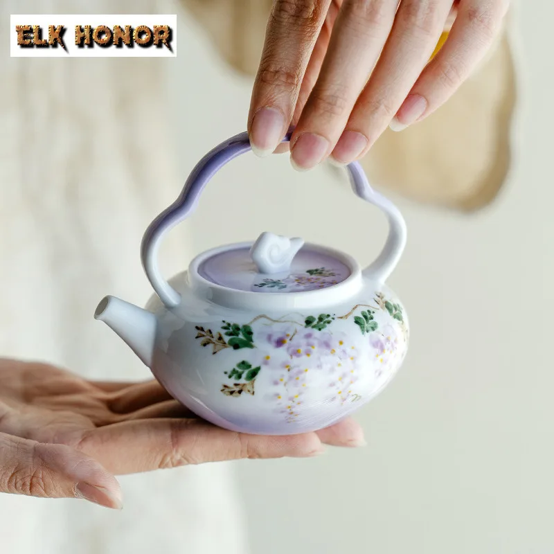 

150ml Hand-painted Wisteria Flower Lifting Handle Teapot Creative Tea Infuser Pot Tea Brewing Kettle With Ball Hole Teaware Gift