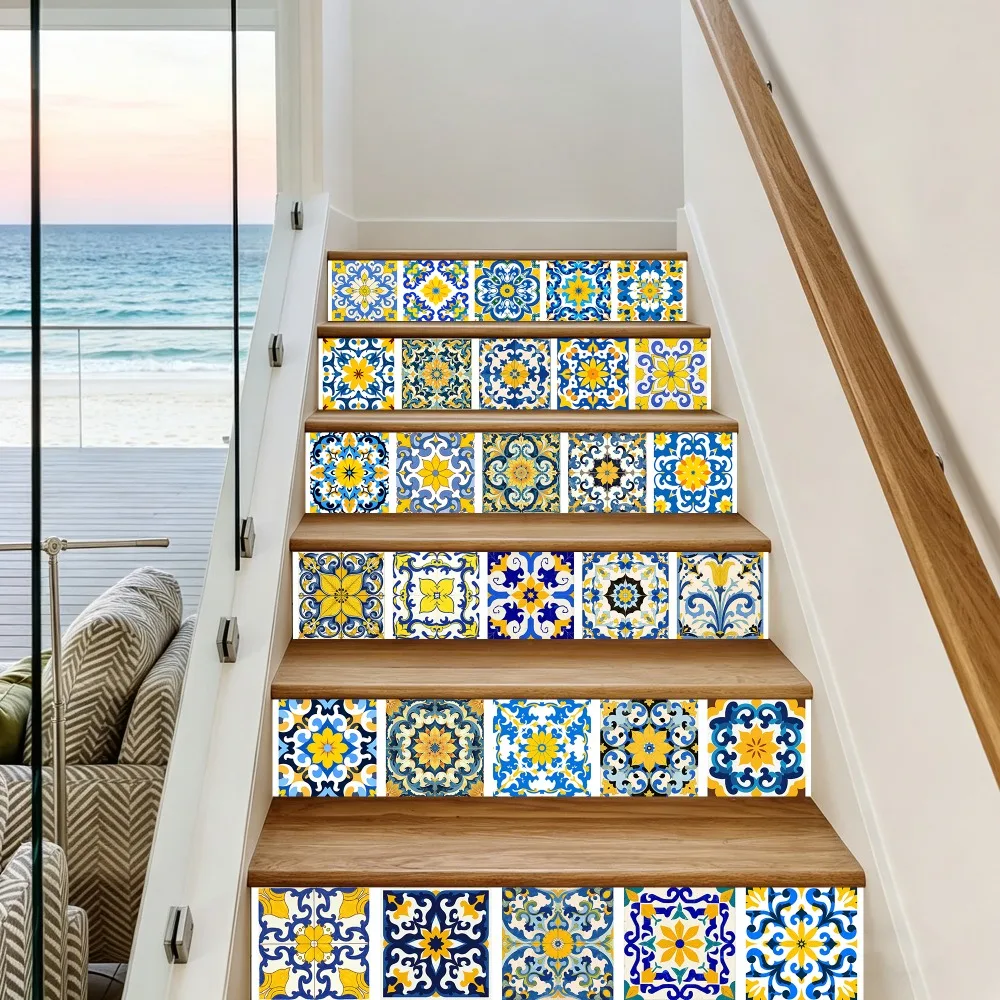 

6/13pcs Boho Green Floral Tile Stair Riser Decals Waterproof Peel & Stick Removable Stair Stickers for Home Decor