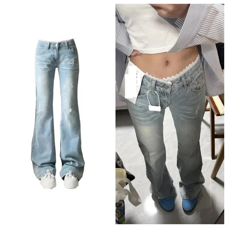 Washed Blue Look Slim Low Waist Straight Leg Pants Petite Lace Patchwork 2026 American Style New Spicy Girl Micro Flared Jeans