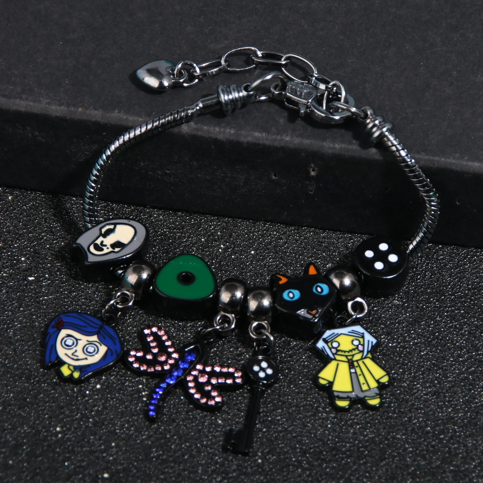 Horror Coraline DIY Charms Bracelet Key and Green Looking Stone Dragonfly Pendants Bangle for Women Men Cosplay Jewelry image 4