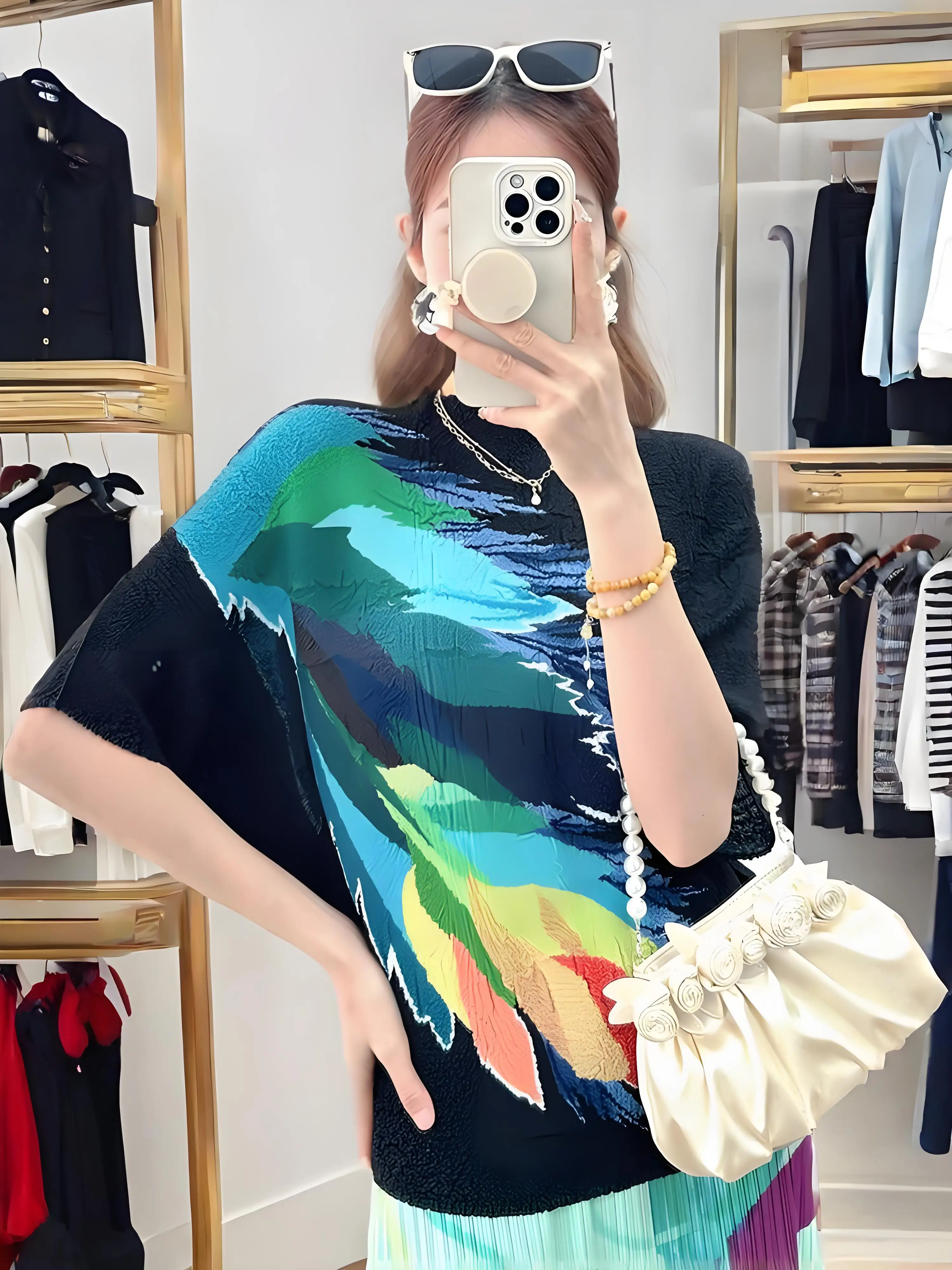 

Miyake Pleated 2025 Summer New Short-sleeved Casual Top Women's High-end Fashion Temperament Trend Printed Crew Neck T-shirt