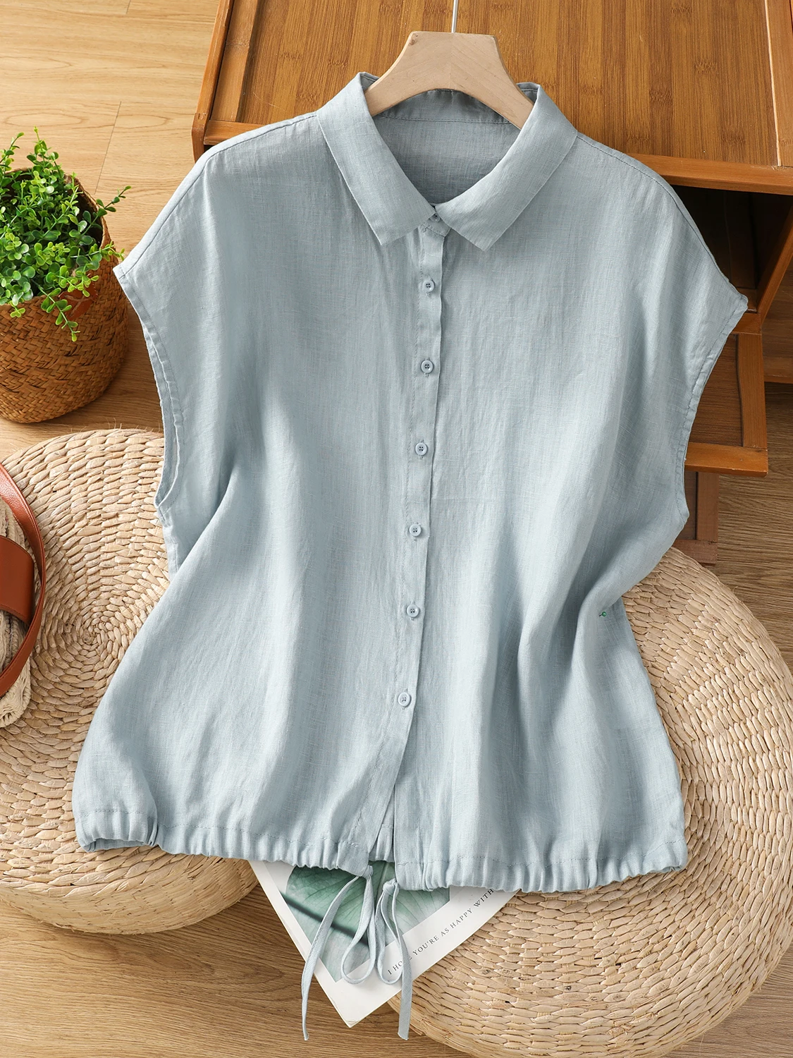 Short Linen Drawstring - 캐주얼 코튼 린넨 반팔 셔츠 여성